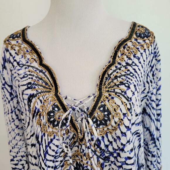 Soft Surroundings South Beach Tunic Beaded Lace Up Blue White Women Large - Picture 5 of 15
